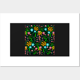 Pretty Blue Pink Garden Flowers Black Design Posters and Art